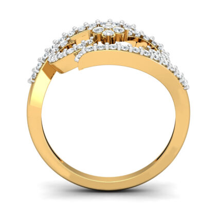 Perspective view of yellow gold diamond clover scroll ring