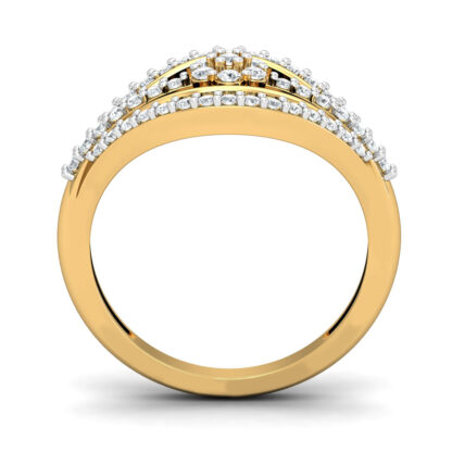 Perspective view of yellow gold diamond flower leaf frame ring