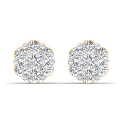 Angled view of yellow gold illusion-set diamond stud earrings showing the setting