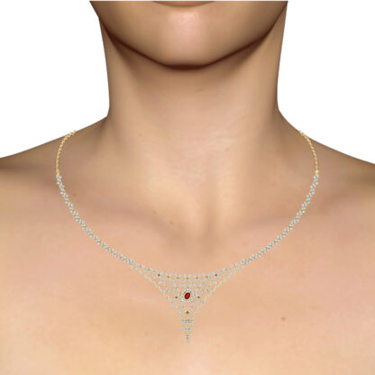 Angled view of yellow gold necklace showing the diamond lattice detail