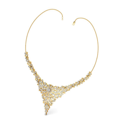 Front view of yellow gold necklace with a dramatic diamond sunburst cluster drape