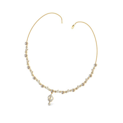 Side profile of yellow gold diamond vine necklace showing motif depth