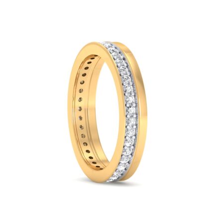 Angled view of yellow gold center-set diamond eternity ring