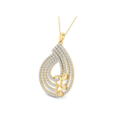 Front view of yellow gold pear pendant with layered concentric diamond outlines