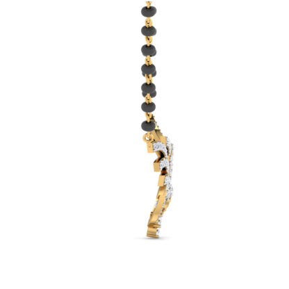 Side profile of yellow gold diamond fan mangalsutra pendant showing depth