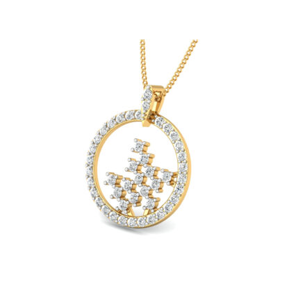 Front view of yellow gold circular pendant with a diamond halo and scattered cluster