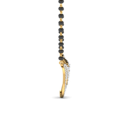 Side profile of yellow gold diamond swirl mangalsutra pendant showing depth