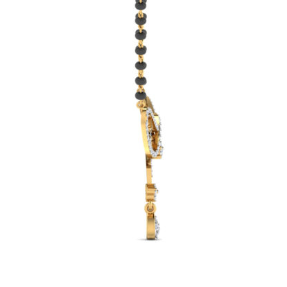Side profile of yellow gold diamond bow mangalsutra pendant showing depth