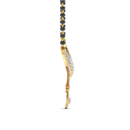 Side profile of yellow gold diamond fan mangalsutra pendant showing depth