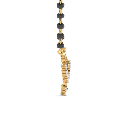 Side profile of yellow gold diamond feather mangalsutra showing depth