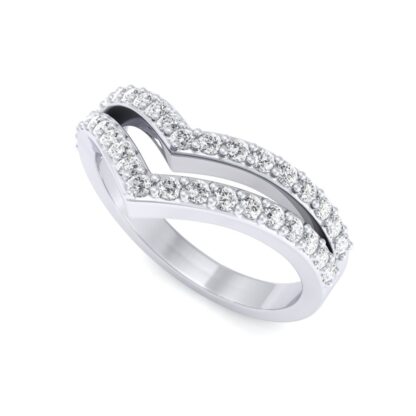 Perspective view of white gold double V chevron pave diamond ring