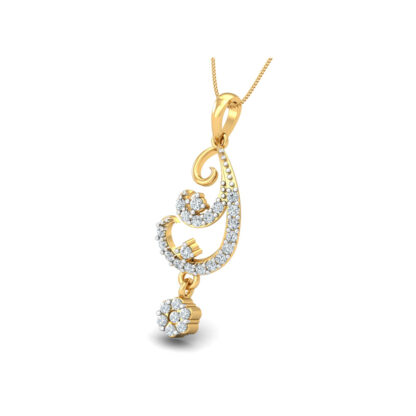 Front view of yellow gold paisley pendant with a dangling diamond flower cluster