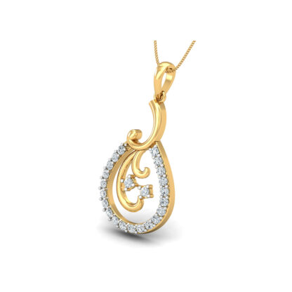 Front view of yellow gold teardrop pendant outlined in diamonds with a vine accent