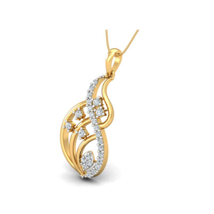 Front view of yellow gold paisley pendant with fanned ribbing and diamond accents