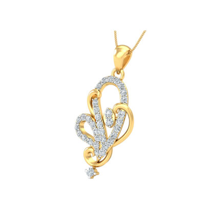 Front view of yellow gold ornate diamond scroll pendant with a small diamond drop