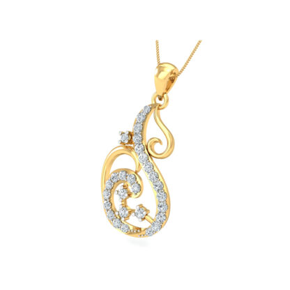 Front view of yellow gold paisley pendant with a diamond line curling into a swirl