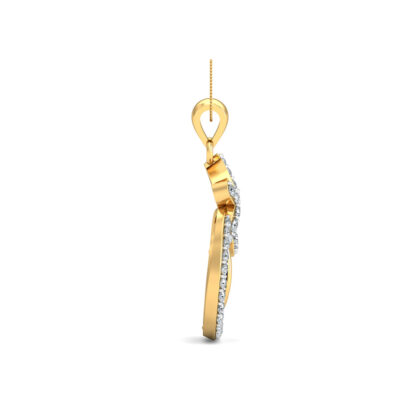 Angled view of yellow gold circular pendant showing the shell swirl detail