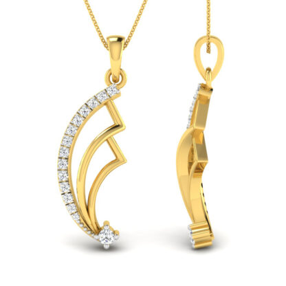 Side profile of yellow gold diamond fan pendant showing depth