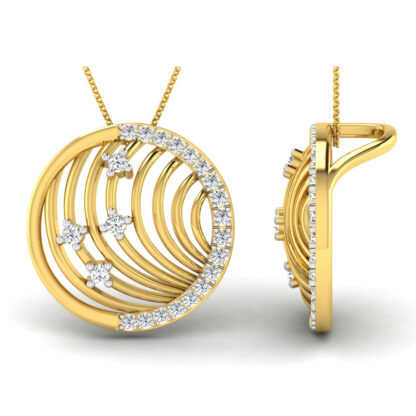 Side profile of yellow gold ribbed circle pendant showing depth