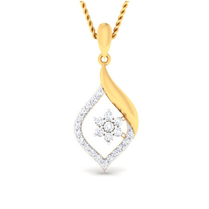 Front view of yellow gold teardrop pendant with a diamond flower cluster centre
