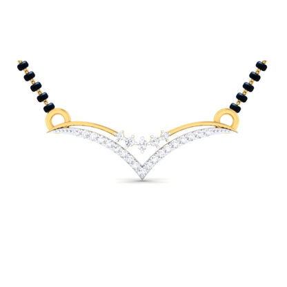 Front view of yellow gold mangalsutra with a wide diamond chevron and starburst centre