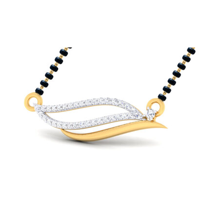 Front view of yellow gold mangalsutra with a horizontal diamond leaf pendant
