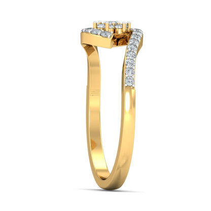 Side view of yellow gold swirl bypass ring showing the diamond flower and pave diamond arm
