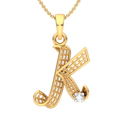 Front view of yellow gold initial K pendant in an openwork lattice design