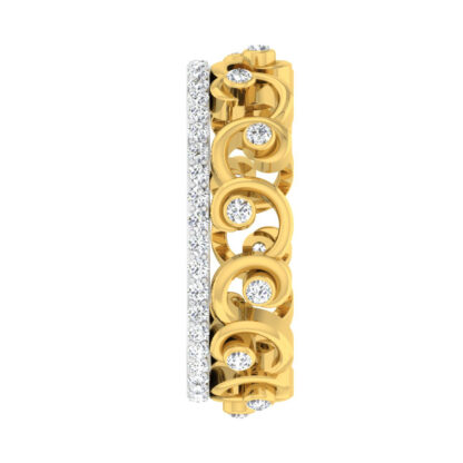 Side view of yellow gold scroll openwork band showing bezel diamonds and the pave diamond edge