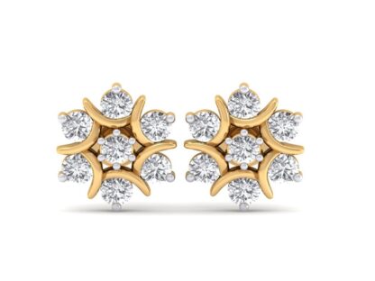 Side view of yellow gold diamond flower stud earrings showing the setting