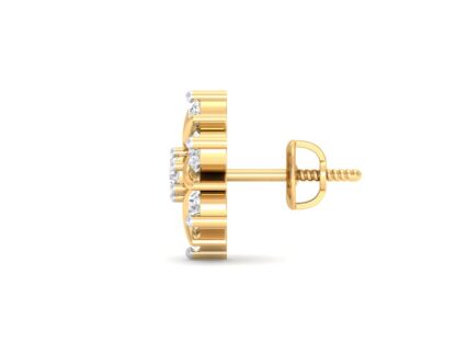 Angled view of yellow gold flower cluster earrings showing the crescent petals