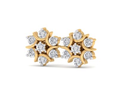 Front view of yellow gold flower cluster stud earrings with crescent petals