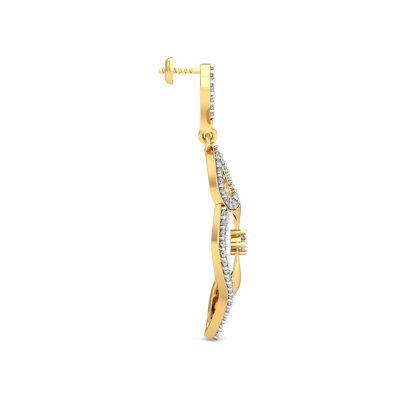 Side view of yellow gold diamond flame drop earrings showing solitaire depth