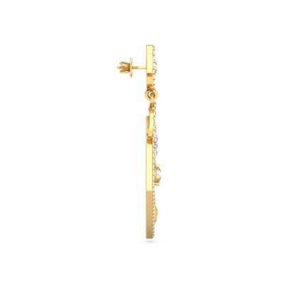 Side view of yellow gold diamond square drop earrings showing scroll depth