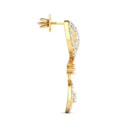 Side view of yellow gold diamond fan stud earrings showing the pear drop