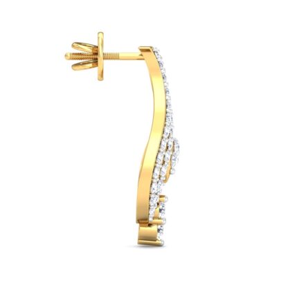 Side view of yellow gold diamond curl stud earrings showing spiral depth