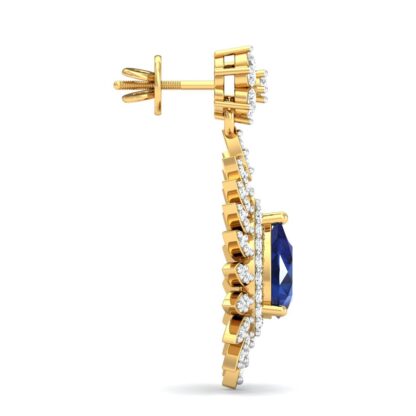 Side view of yellow gold sapphire diamond drop earrings showing halo depth