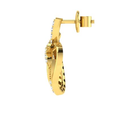 Side view of yellow gold diamond teardrop drop earrings showing depth