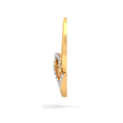 Angled view of yellow gold woven diamond wave hoop earring