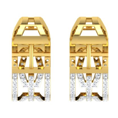 Close-up of yellow gold hoop earrings showing the channel-set diamond rows