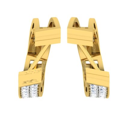 Close-up of yellow gold hoop earrings showing the pave diamond rows