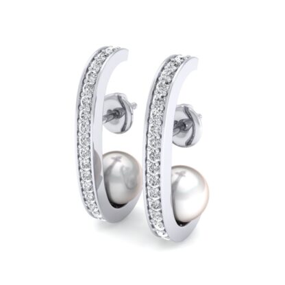 White gold pave diamond crescent hoop earring with pearl, front view