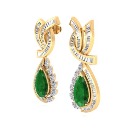 Side profile of yellow gold emerald diamond drop earrings showing depth