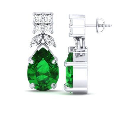 White gold emerald diamond halo drop earrings, side view
