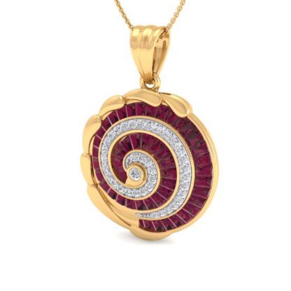 Yellow gold ruby diamond spiral pendant, side view
