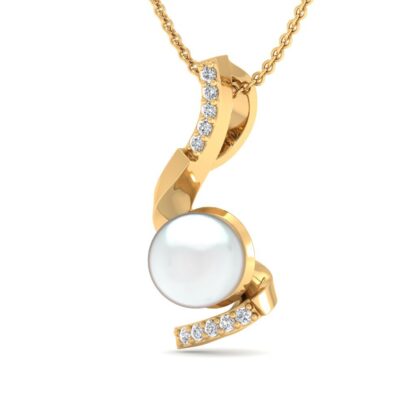 Yellow gold twisted diamond ribbon pendant with pearl, angled view