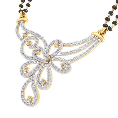 Front view of yellow gold mangalsutra with an elaborate diamond floral bouquet