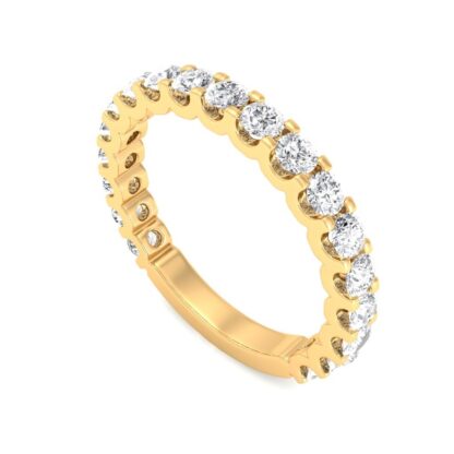 Perspective view of yellow gold U-prong three-quarter eternity ring