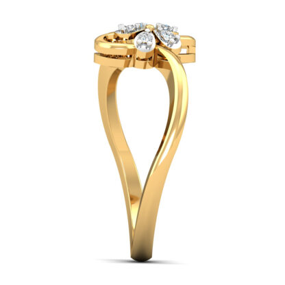 Perspective view of yellow gold open diamond clover leaf ring