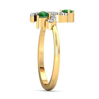 Perspective view of yellow gold emerald diamond vine scroll ring